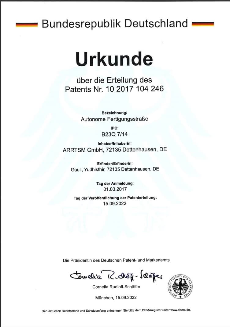 ARRTSM Receives German Patent for Autonomous Multi-Robotic Production Line